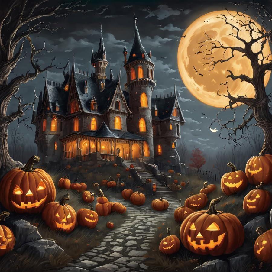 Haunted Castle Halloween Backdrop, Jack O Lanterns, Full Moon Night Scene (10x8ft Vinyl)