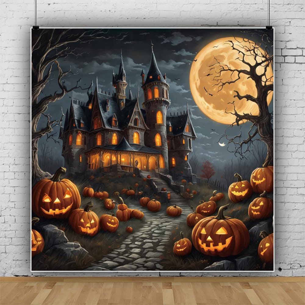 Haunted Castle Halloween Backdrop, Jack O Lanterns, Full Moon Night Scene (10x8ft Vinyl)