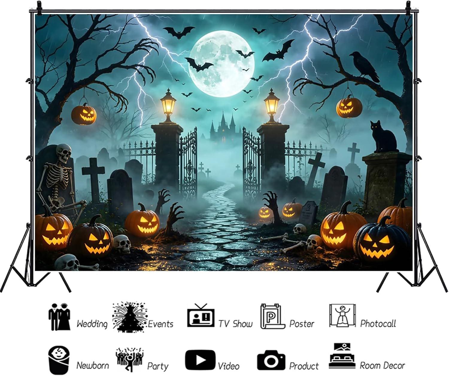 Spooky Halloween Graveyard Backdrop, Full Moon Pumpkin Party Decor (10x8ft)