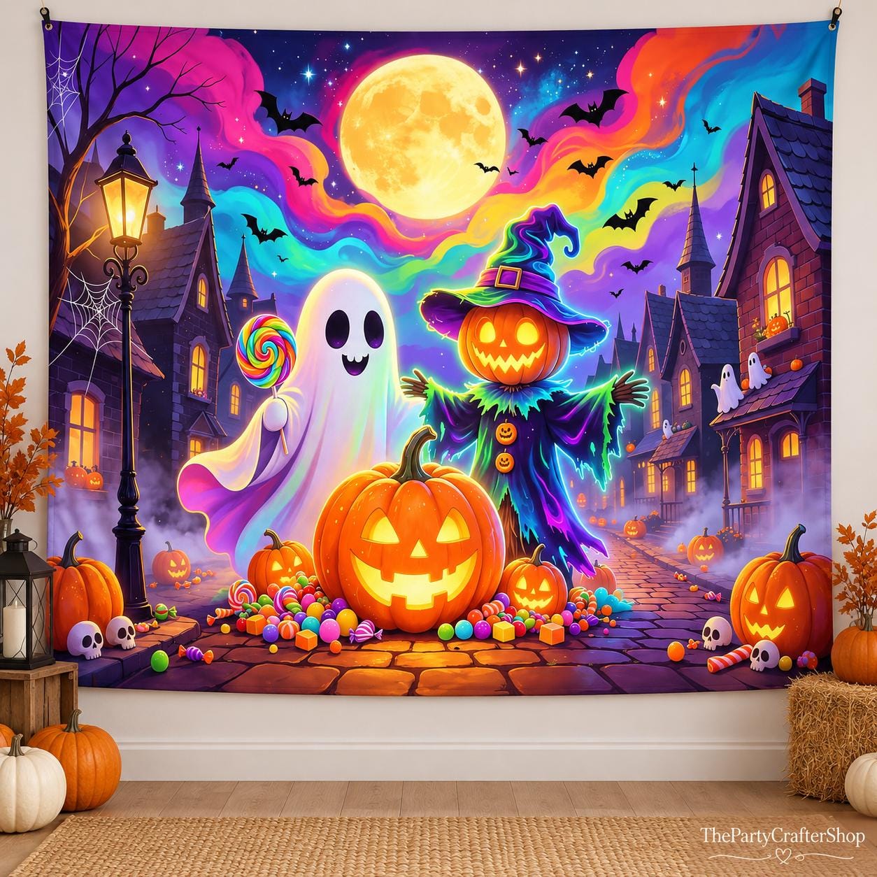 10x8ft Halloween Backdrop, Cartoon Pumpkin Scarecrow Ghost Full Moon Vinyl Photo Background (Party Decor)