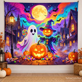 10x8ft Halloween Backdrop, Cartoon Pumpkin Scarecrow Ghost Full Moon Vinyl Photo Background (Party Decor)