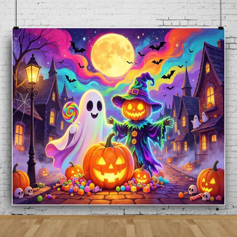 10x8ft Halloween Backdrop, Cartoon Pumpkin Scarecrow Ghost Full Moon Vinyl Photo Background (Party Decor)