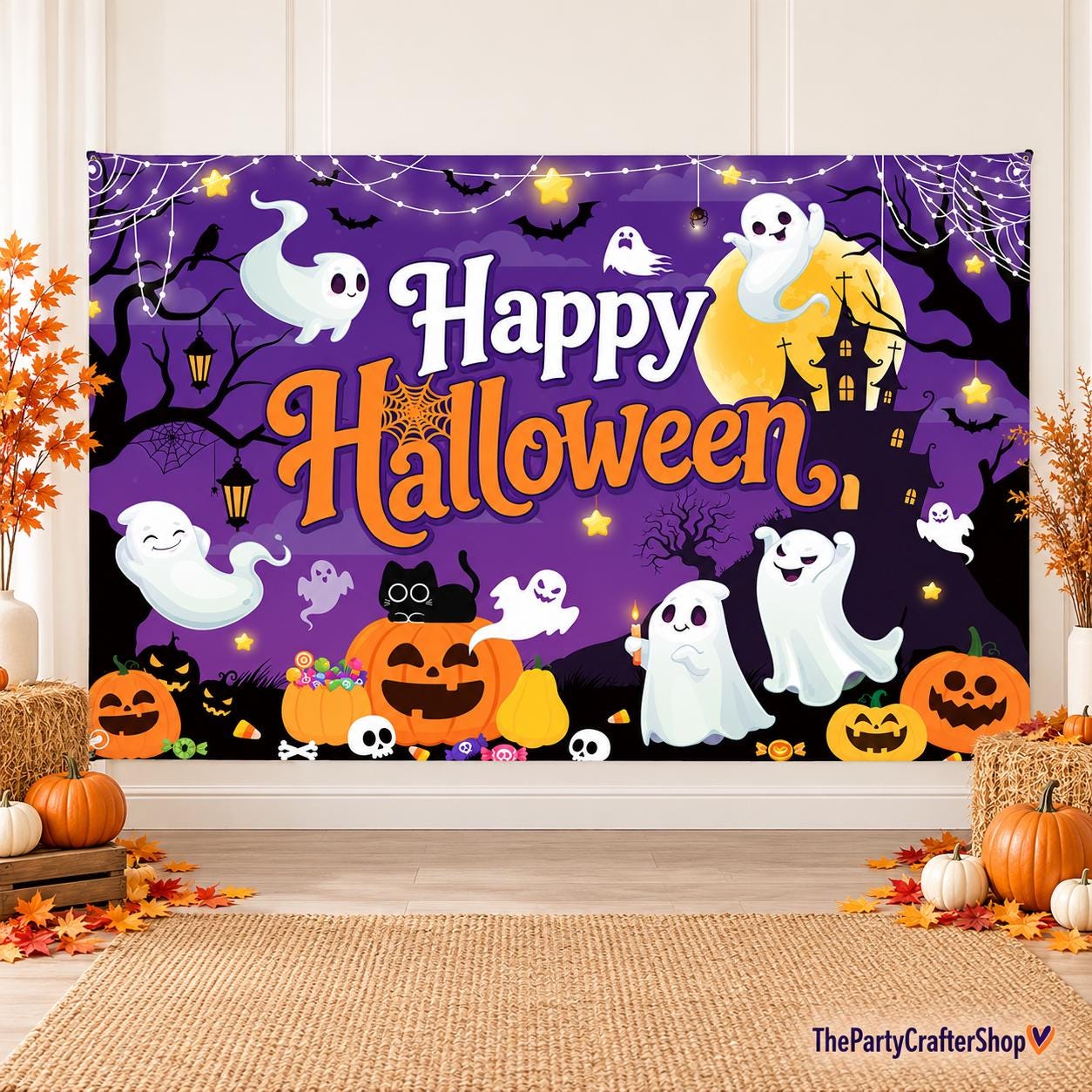 Happy Halloween Backdrop, Ghost Pumpkin Photo Booth Banner (70.8x43.3 Inch)