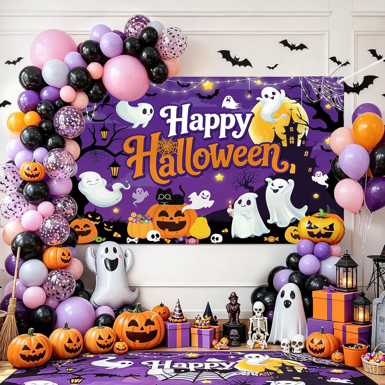 Happy Halloween Backdrop, Ghost Pumpkin Photo Booth Banner (70.8x43.3 Inch)