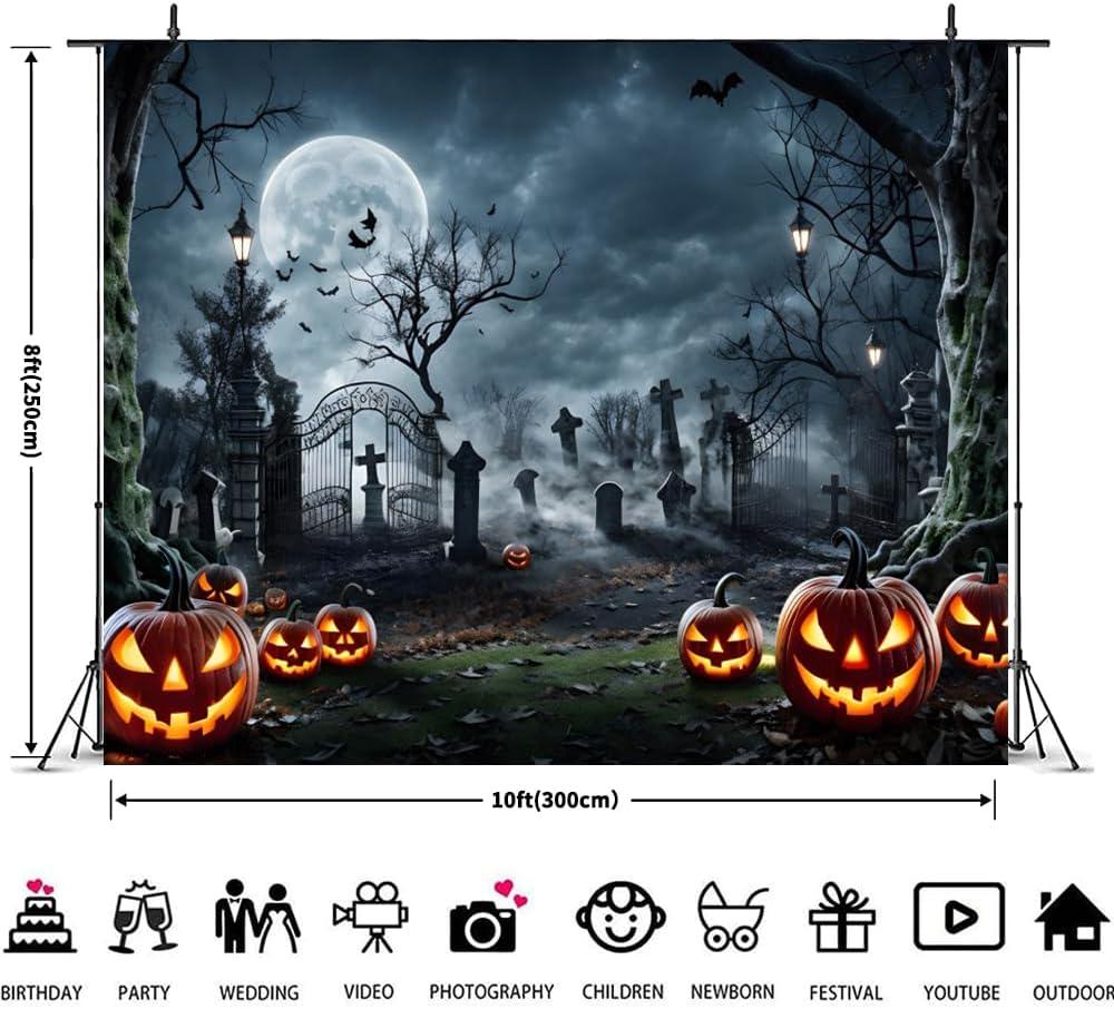 10x8ft Halloween Graveyard Backdrop, Full Moon Pumpkin Cemetery (Vinyl)