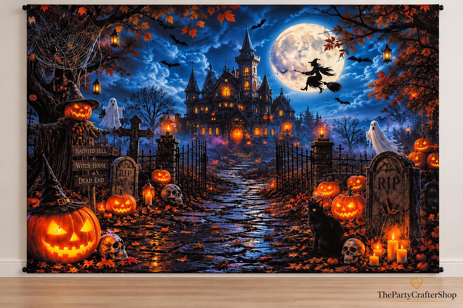 10x8ft Halloween Backdrop, Gothic Castle, Witch, Pumpkins, Ghosts (Vinyl)