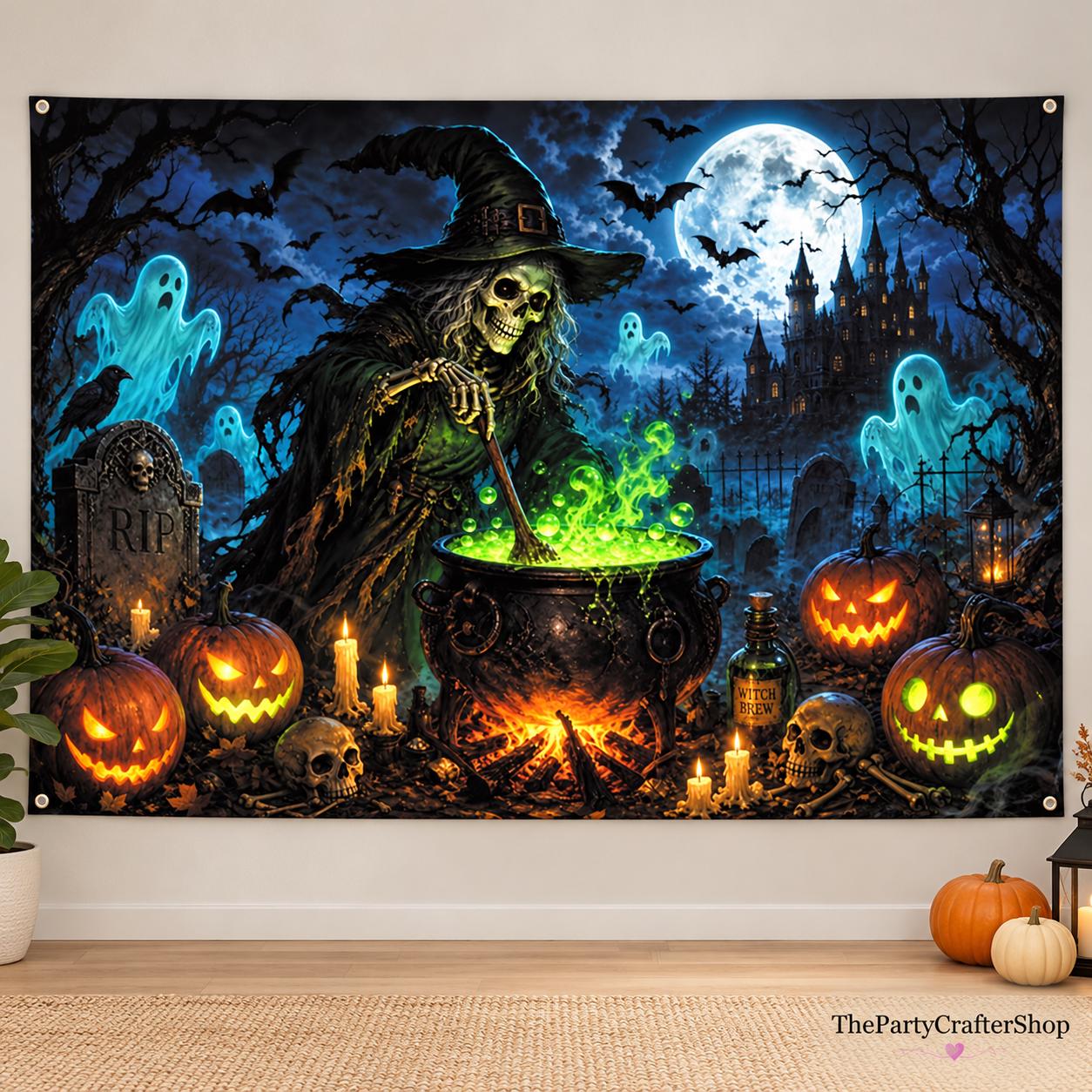Gothic Witch Cauldron Halloween Backdrop, Ghost Pumpkin Graveyard Photo Background (10x8ft)