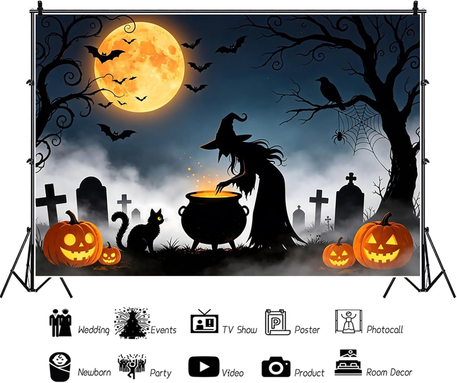 10x8ft Halloween Witch Backdrop, Horror Pumpkin Cemetery Photo Background (Vinyl)
