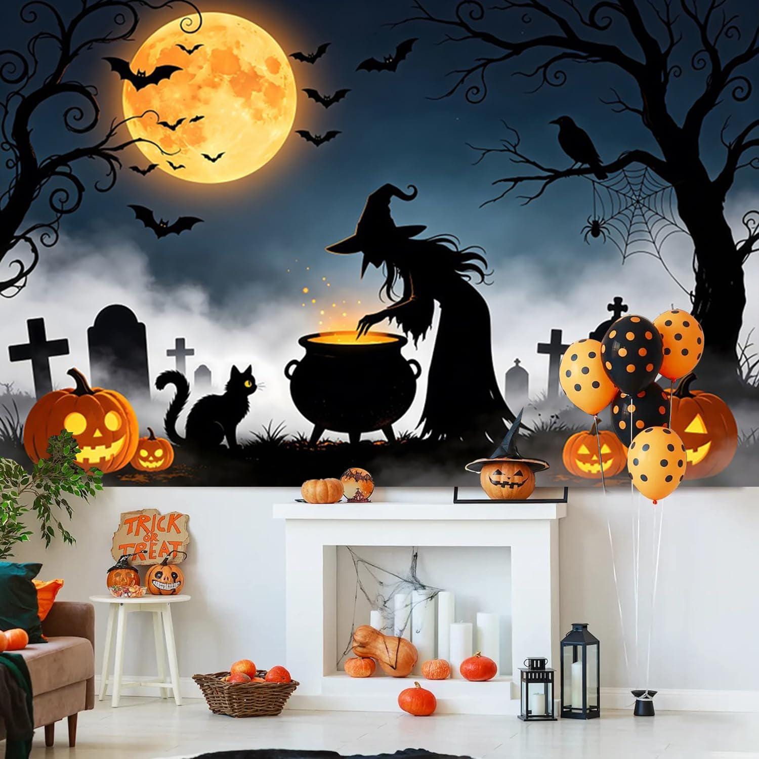 10x8ft Halloween Witch Backdrop, Horror Pumpkin Cemetery Photo Background (Vinyl)