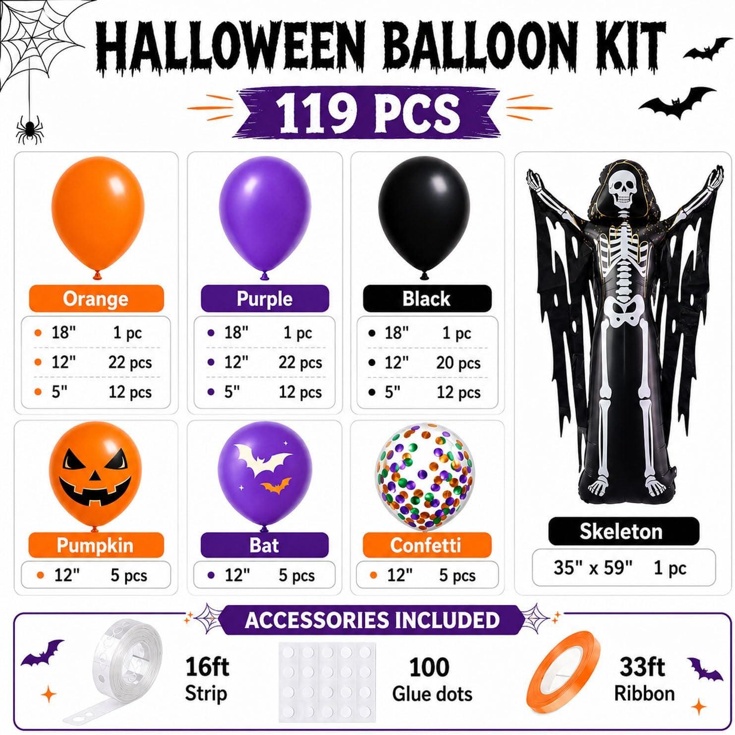 119-Piece Halloween Balloon Arch Kit, Skeleton Foil, Jack O Lantern, Bat Prints (4.9 ft)