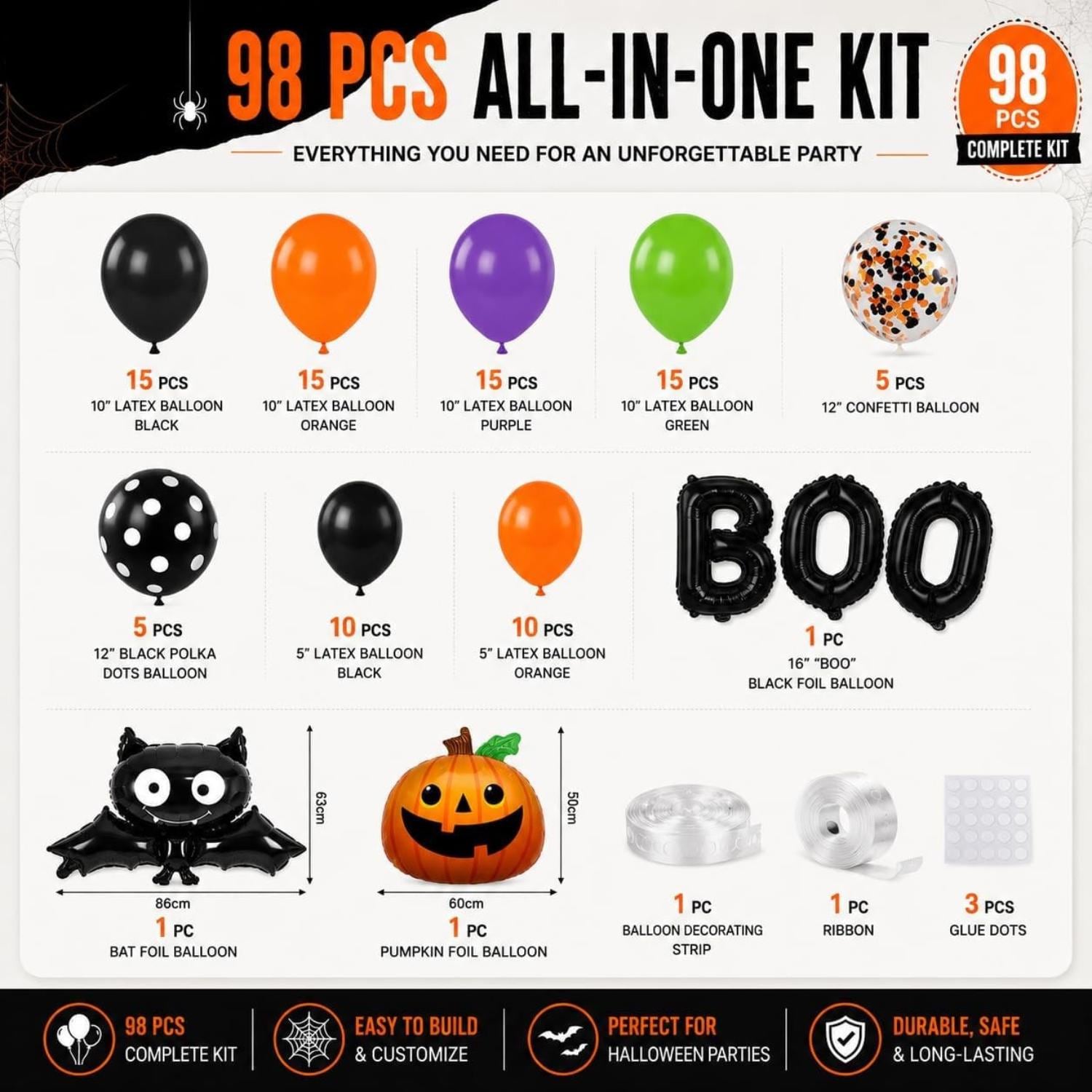 98-Piece Halloween Balloon Garland Kit, BOO Letters, Bat Pumpkin Foil Balloons (DIY Party Decorations)