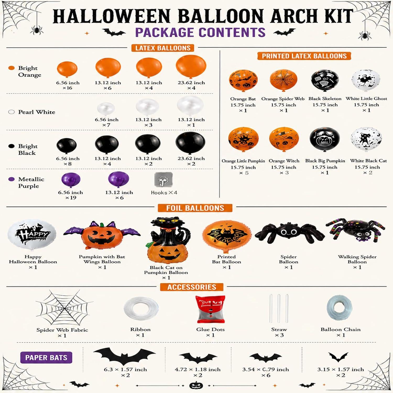 126-Piece Halloween Balloon Arch Kit, Orange Black Purple Spider Web Party Decor