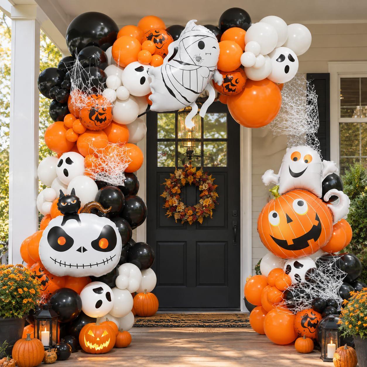 139-Piece Halloween Balloon Arch Kit, Mummy Skull Pumpkin Ghost Foil Balloons, Black Orange White Garland for Porch Party Decor
