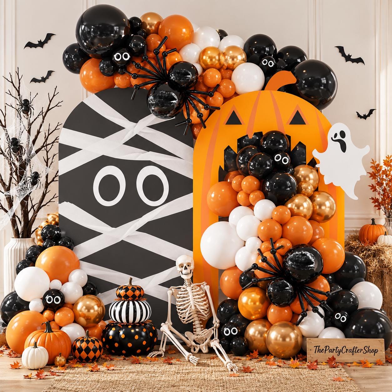 159-Piece Halloween Balloon Arch Kit, Black Orange Eye Balloons, DIY Spider Decor