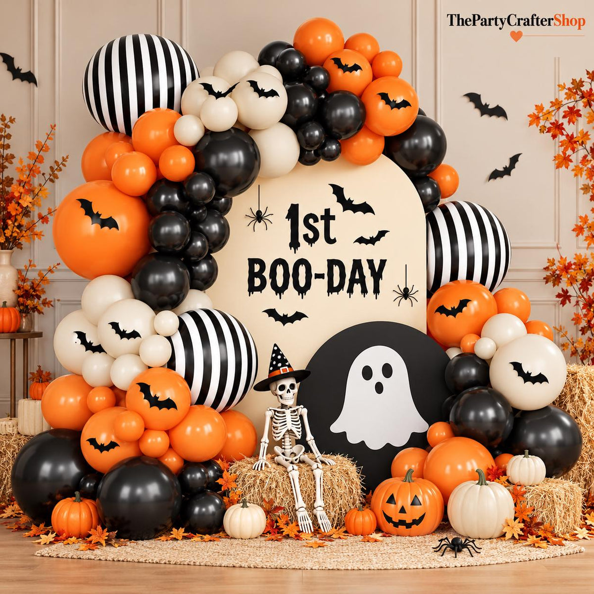 110-Piece Halloween Balloon Arch Kit, Black Orange White Latex, 3D Bat Stickers (16ft Strip)