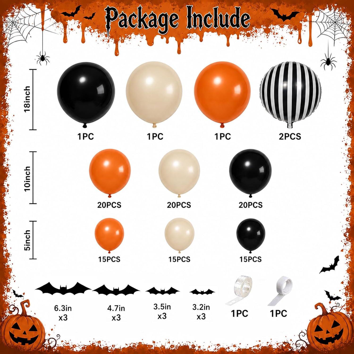 110-Piece Halloween Balloon Arch Kit, Black Orange White Latex, 3D Bat Stickers (16ft Strip)