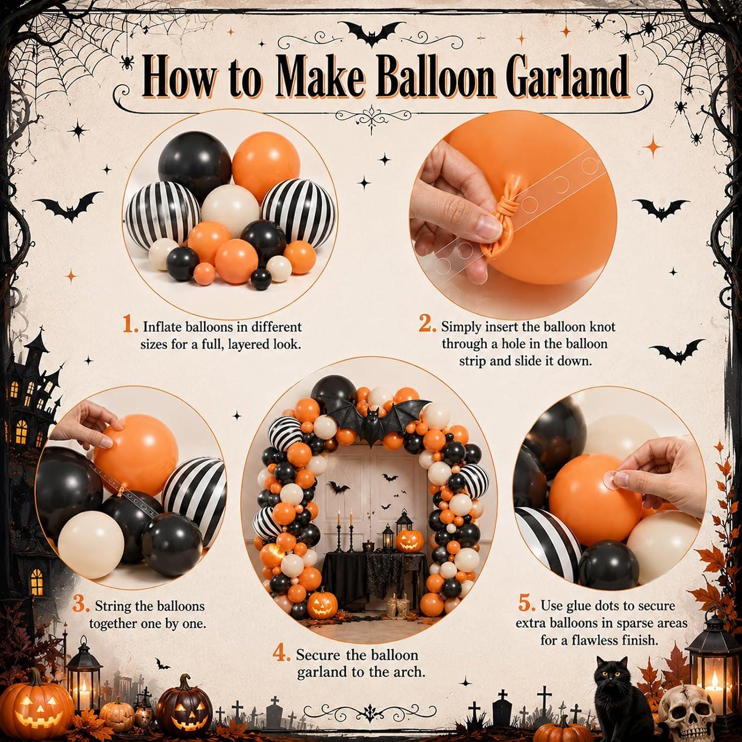 110-Piece Halloween Balloon Arch Kit, Black Orange White Latex, 3D Bat Stickers (16ft Strip)