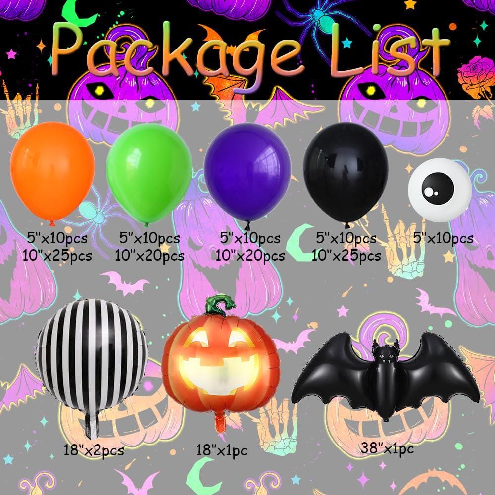 144-Piece Halloween Balloon Arch Kit, Purple Green Orange Black Garland with Bat Pumpkin Foil Balloons, Baby Shower Party Decor