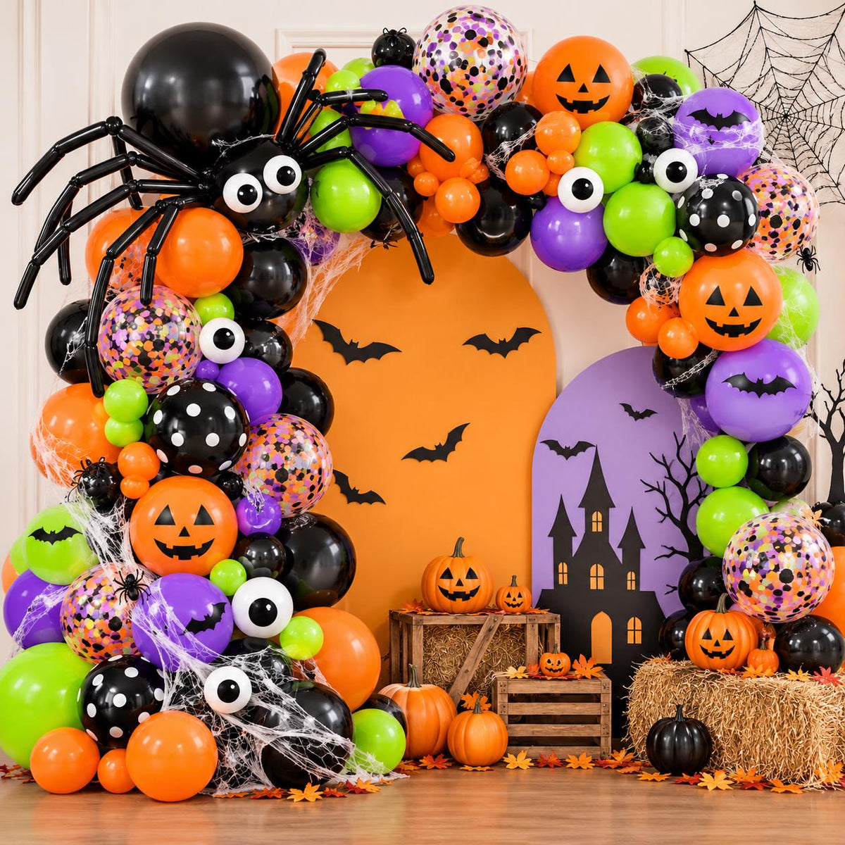 127-Piece Halloween Balloon Arch Kit, Purple Black Orange Green Confetti, Spider Web Bats (DIY Party Decor)