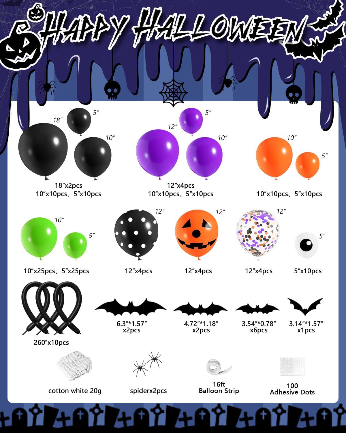 127-Piece Halloween Balloon Arch Kit, Purple Black Orange Green Confetti, Spider Web Bats (DIY Party Decor)