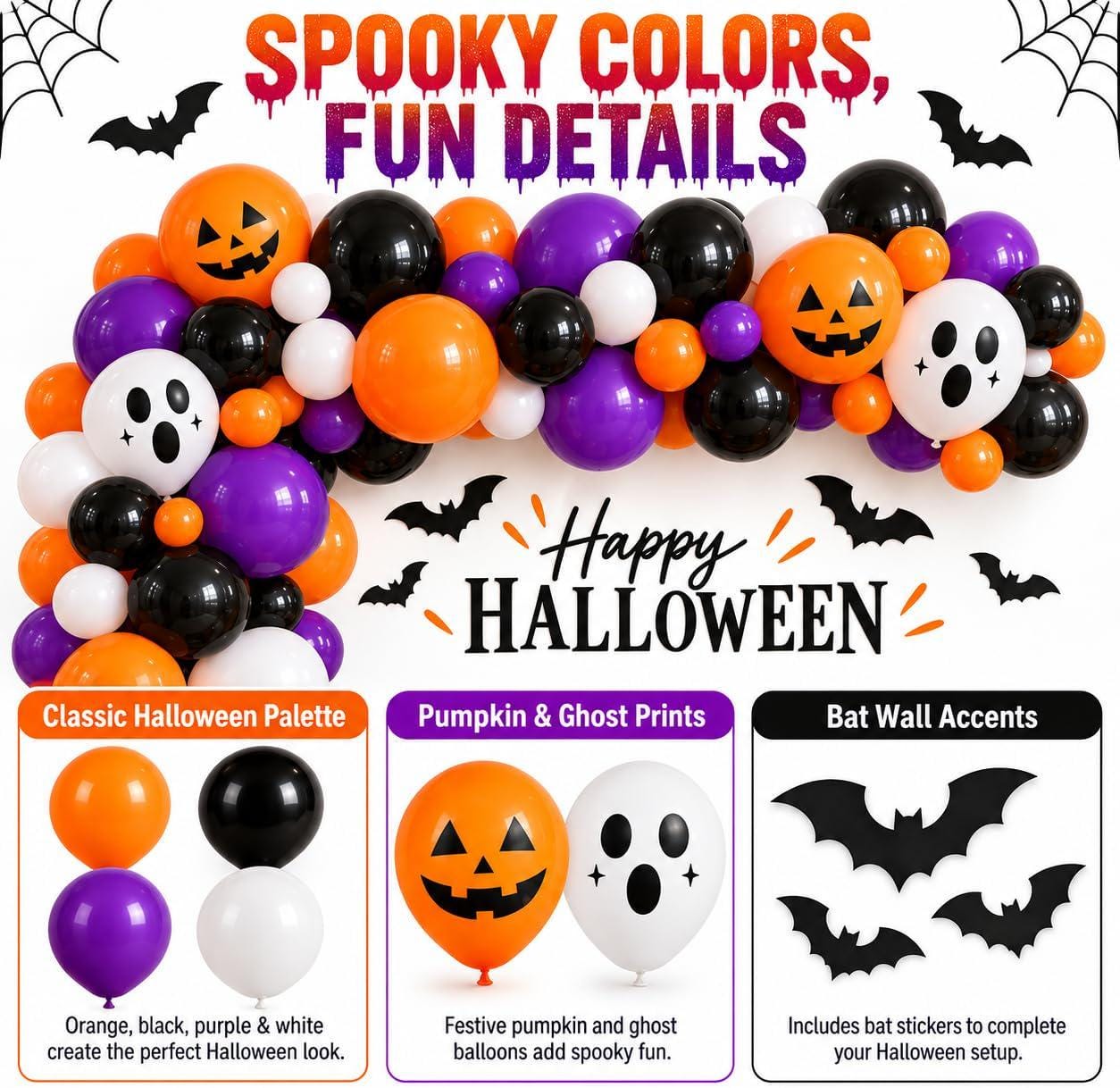 133-Piece Halloween Balloon Garland Kit, Orange Black Purple White, Pumpkin Ghost Bats (Party Decor)