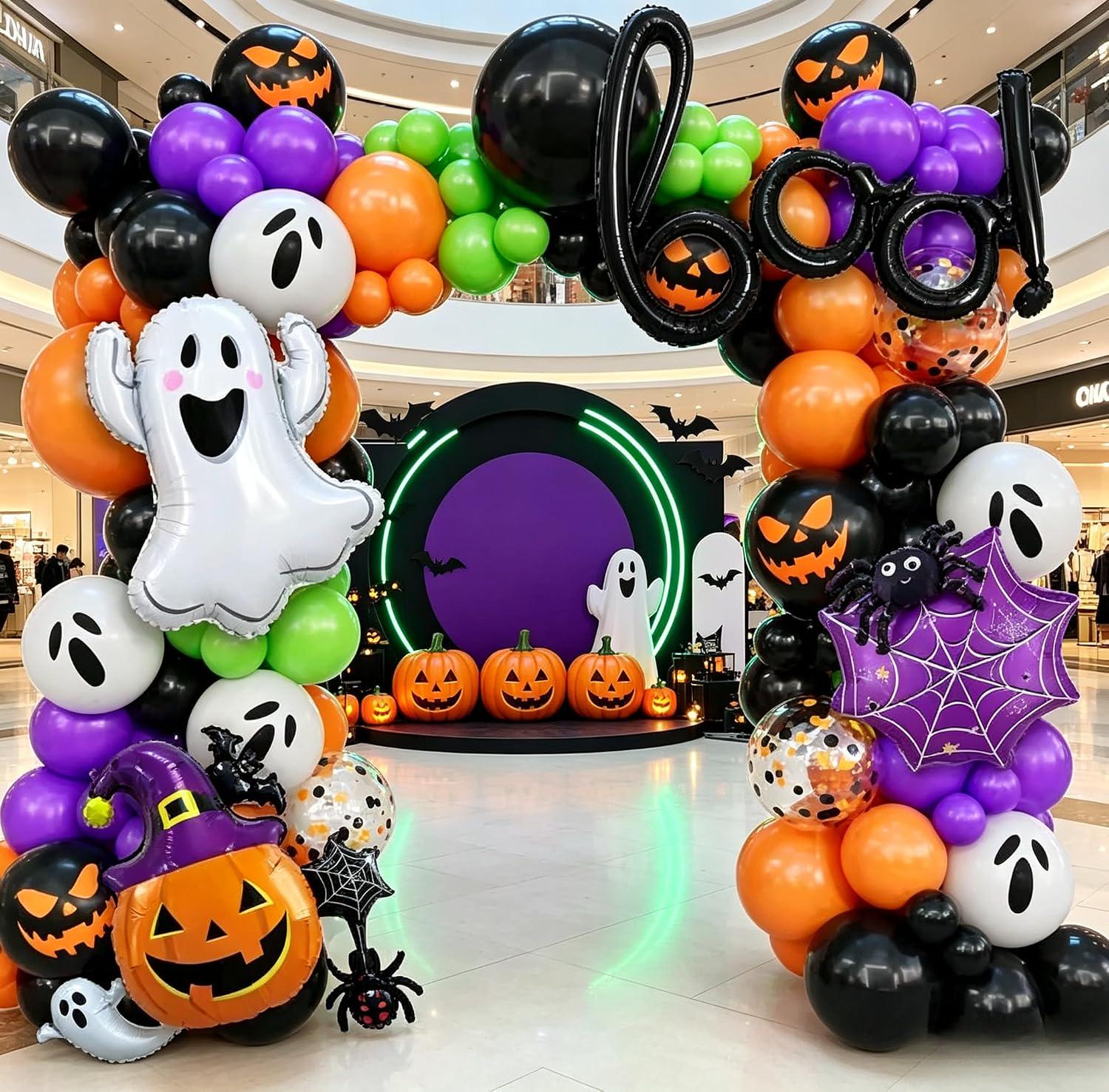 151-Piece Halloween Balloon Arch Kit, Ghost Pumpkin BOO Foil Balloons, Spooky Party Decor