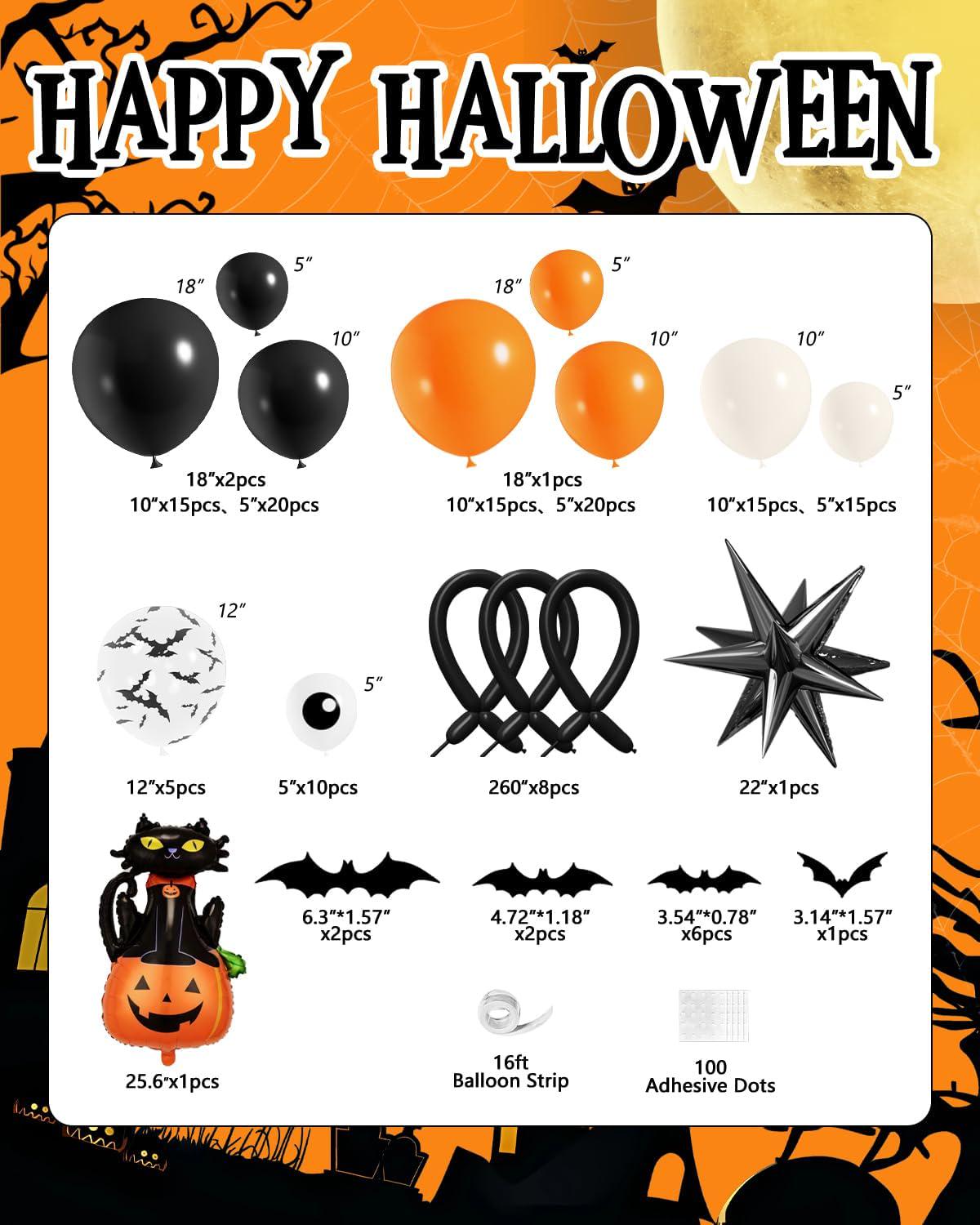 Halloween Balloon Arch Kit, Black Orange White, Foil Bats Pumpkin Cat (127Pcs)