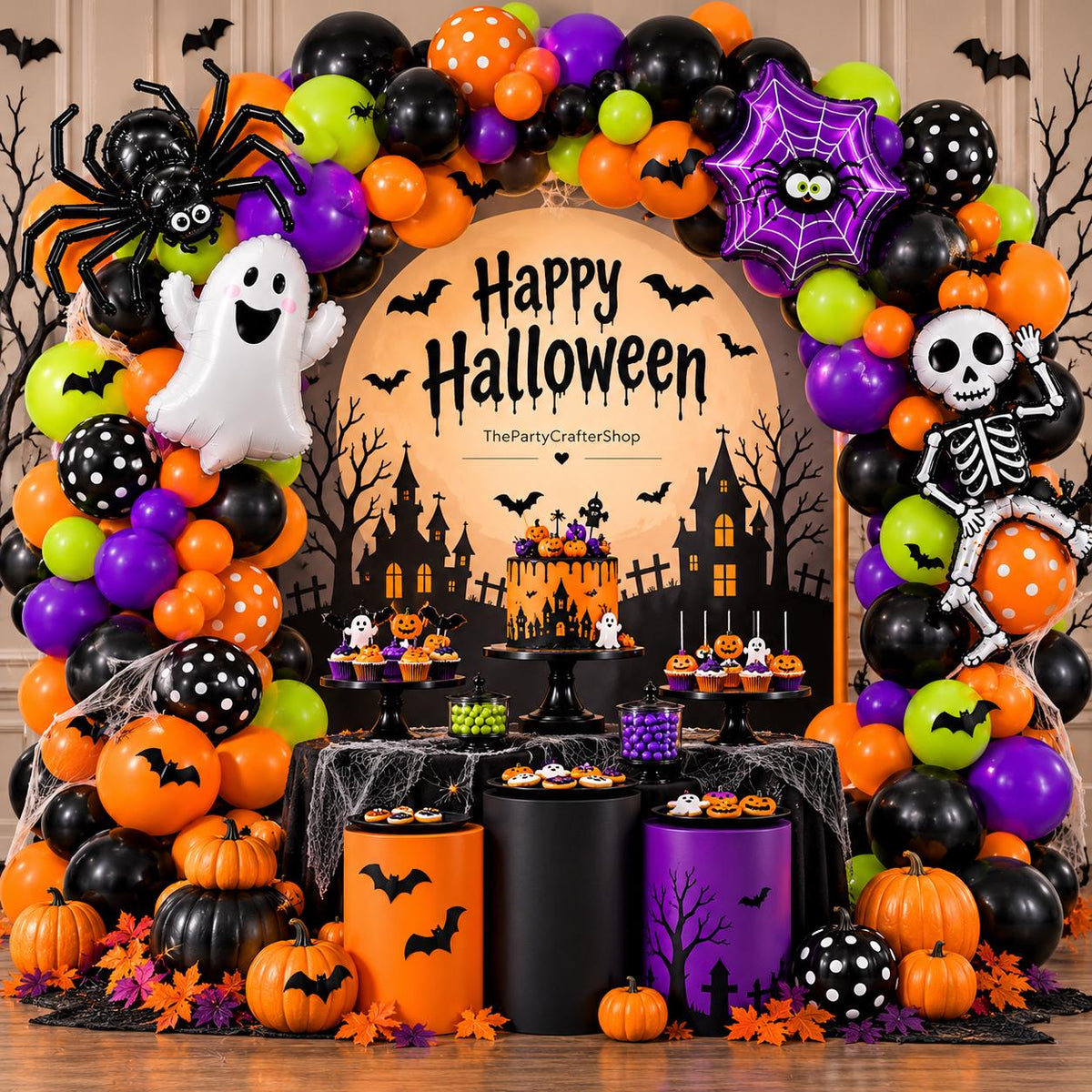 108Pcs Halloween Balloon Arch Kit, Spider Ghost Pumpkin Foil Balloons, 3D Bats Spider Balloons, Day of the Dead Party Backdrop Decor