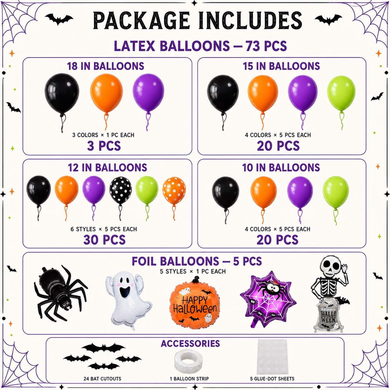 108Pcs Halloween Balloon Arch Kit, Spider Ghost Pumpkin Foil Balloons, 3D Bats Spider Balloons, Day of the Dead Party Backdrop Decor