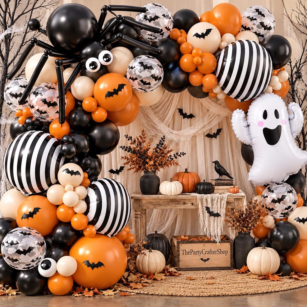 Halloween Balloon Garland Kit, Burnt Orange Black Ghost Bat Eyeball (117 Piece)