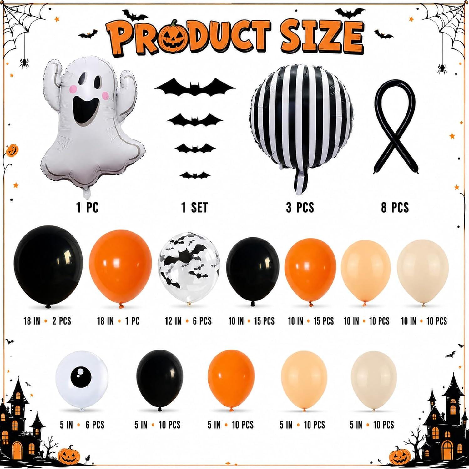 Halloween Balloon Garland Kit, Burnt Orange Black Ghost Bat Eyeball (117 Piece)