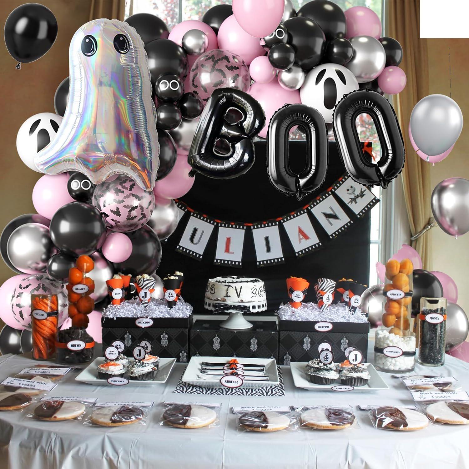 Pink Black Halloween Balloon Arch Kit, Ghost Bat BOO Foil Confetti (Party Decor)