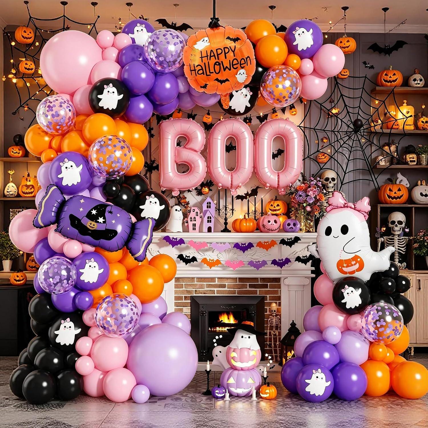 Pink Halloween Balloon Arch Kit, Ghost & Pumpkin Foil Balloons, Party Decor