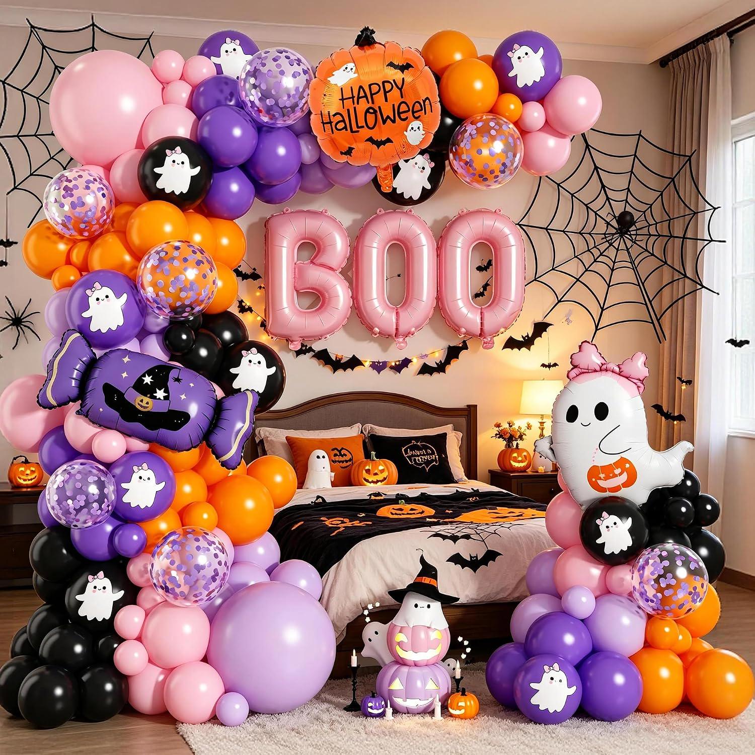 Pink Halloween Balloon Arch Kit, Ghost & Pumpkin Foil Balloons, Party Decor
