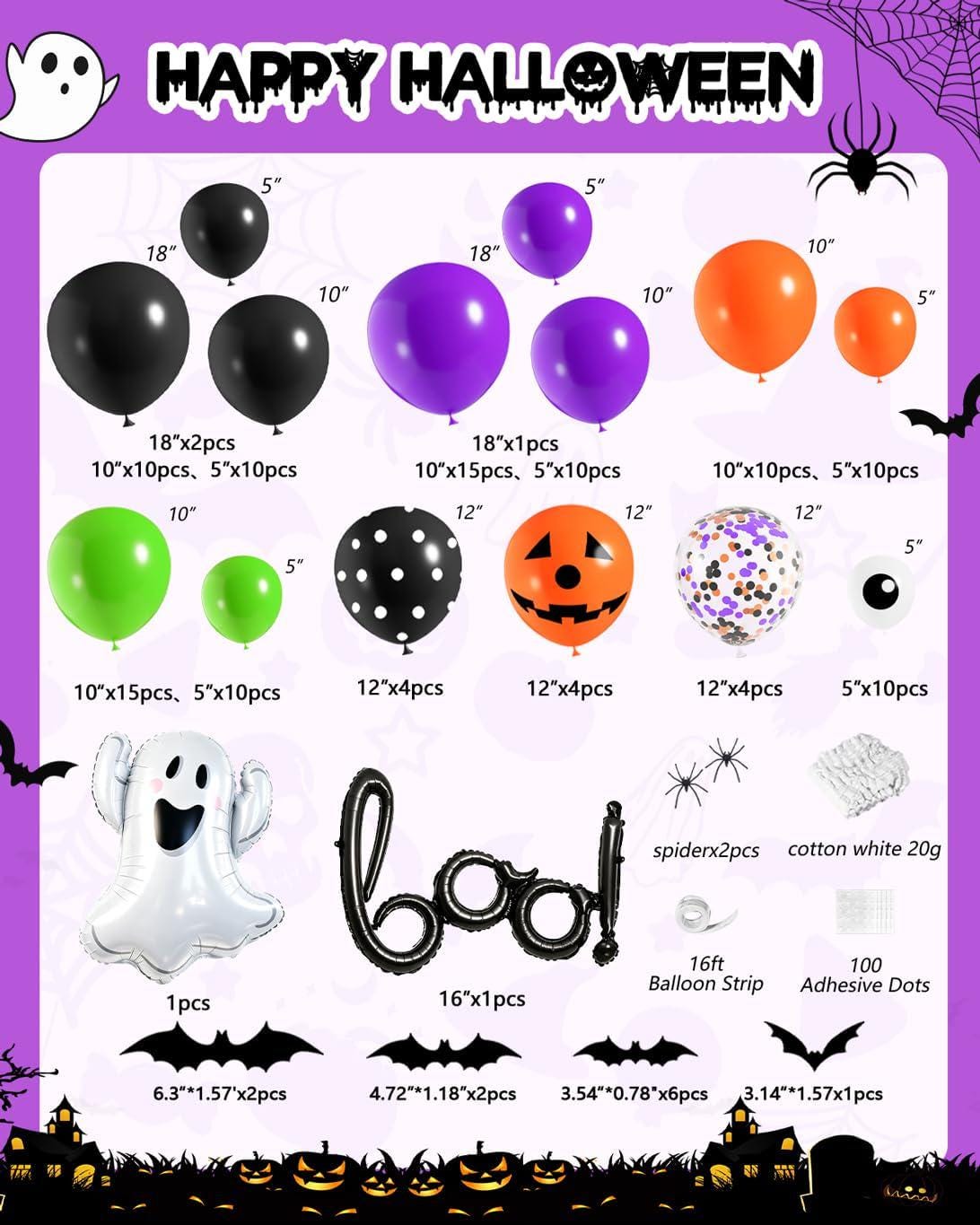 Halloween Balloon Arch Kit, Black Orange Purple Green Latex, Ghost BOO Foil (122Pcs)