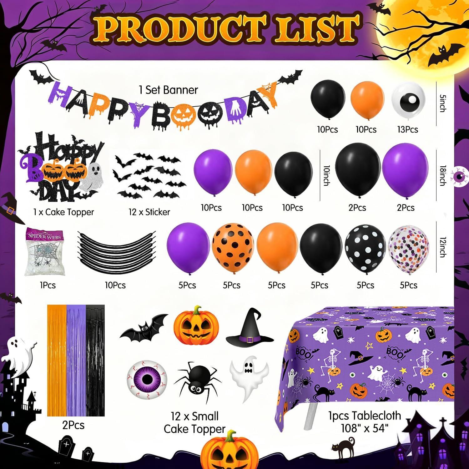 149-Piece Halloween Party Kit, Happy Boo Day Banner, Spider Web Curtains, Balloon Arch (Purple, Orange, Black)