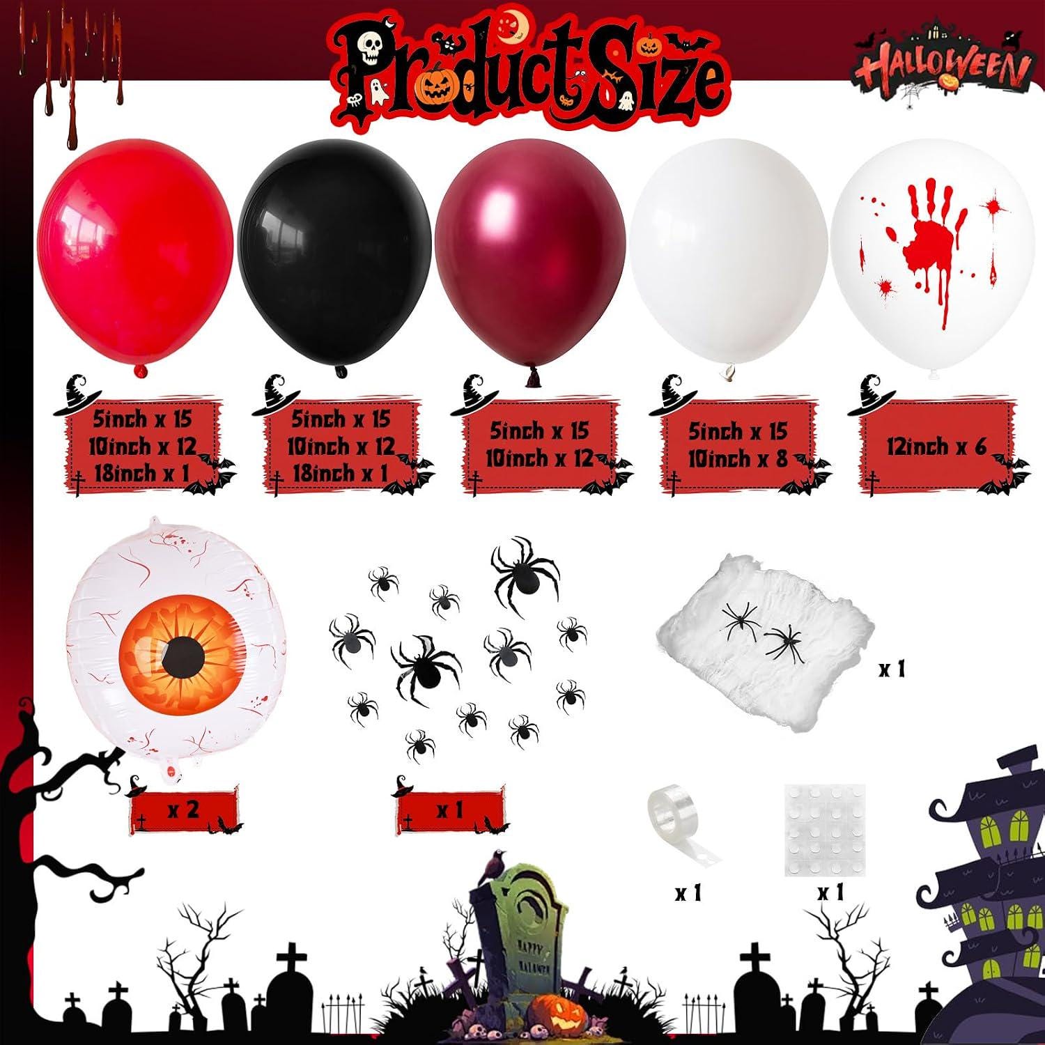 118-Piece Halloween Balloon Arch Kit, Crimson Red Handprint, 3D Spider Eyeball Foil (Party Decor)