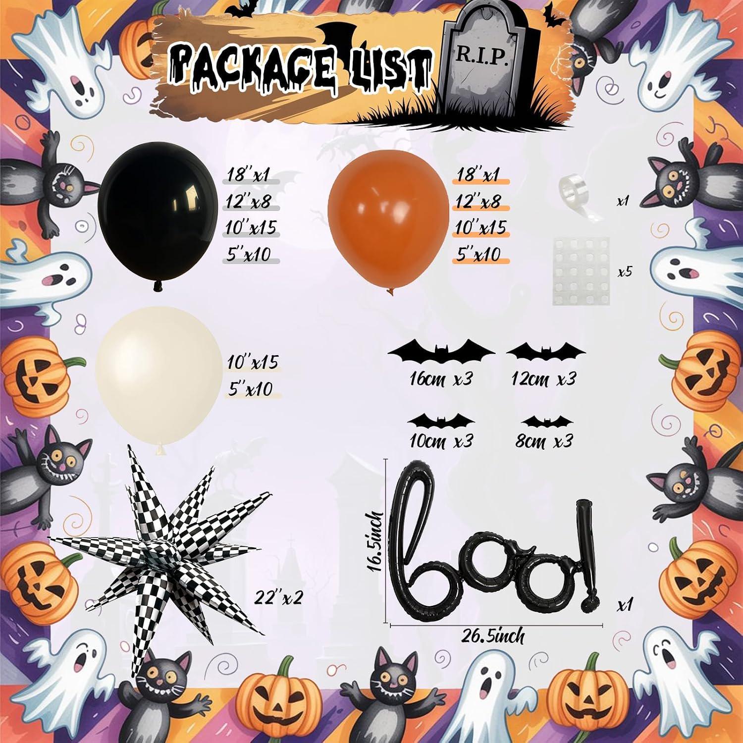 Halloween Balloon Arch Kit, Burnt Orange Black White, BOO Checkered Stars, 3D Bats (All-in-One)