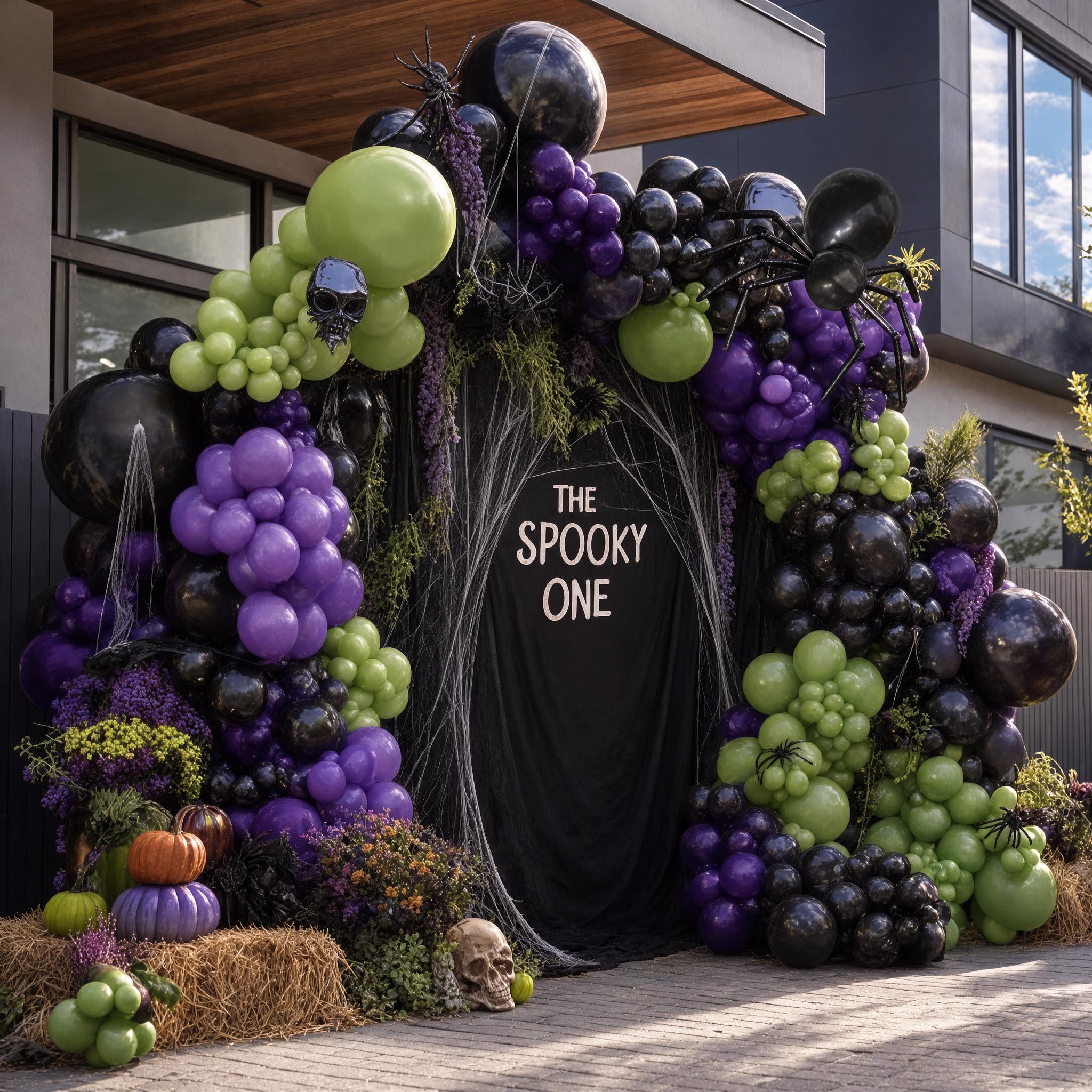 Double Stuffed Halloween Balloon Arch Kit, Purple Olive Green Black, Spooky Party Decor