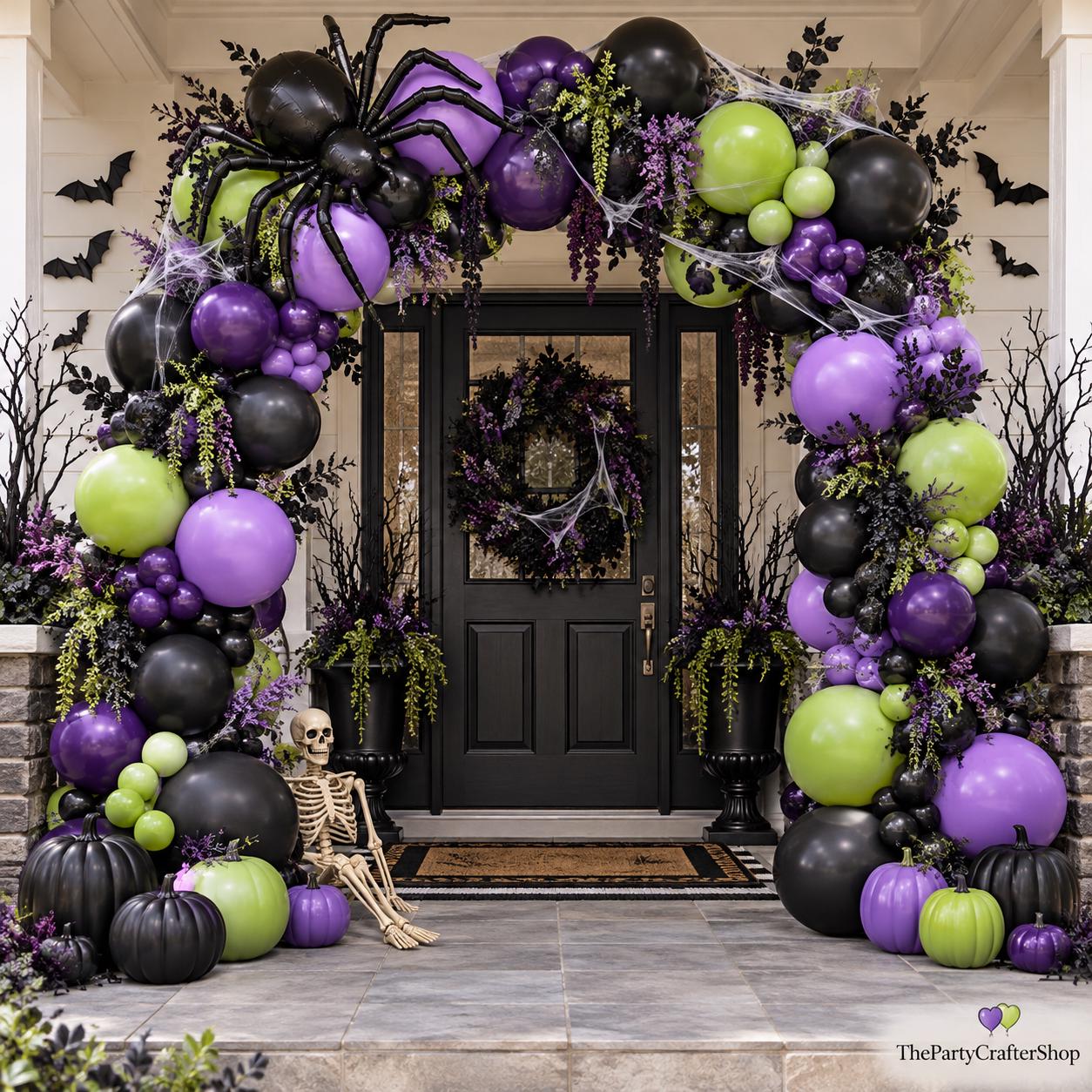 Double Stuffed Halloween Balloon Arch Kit, Purple Olive Green Black, Spooky Party Decor