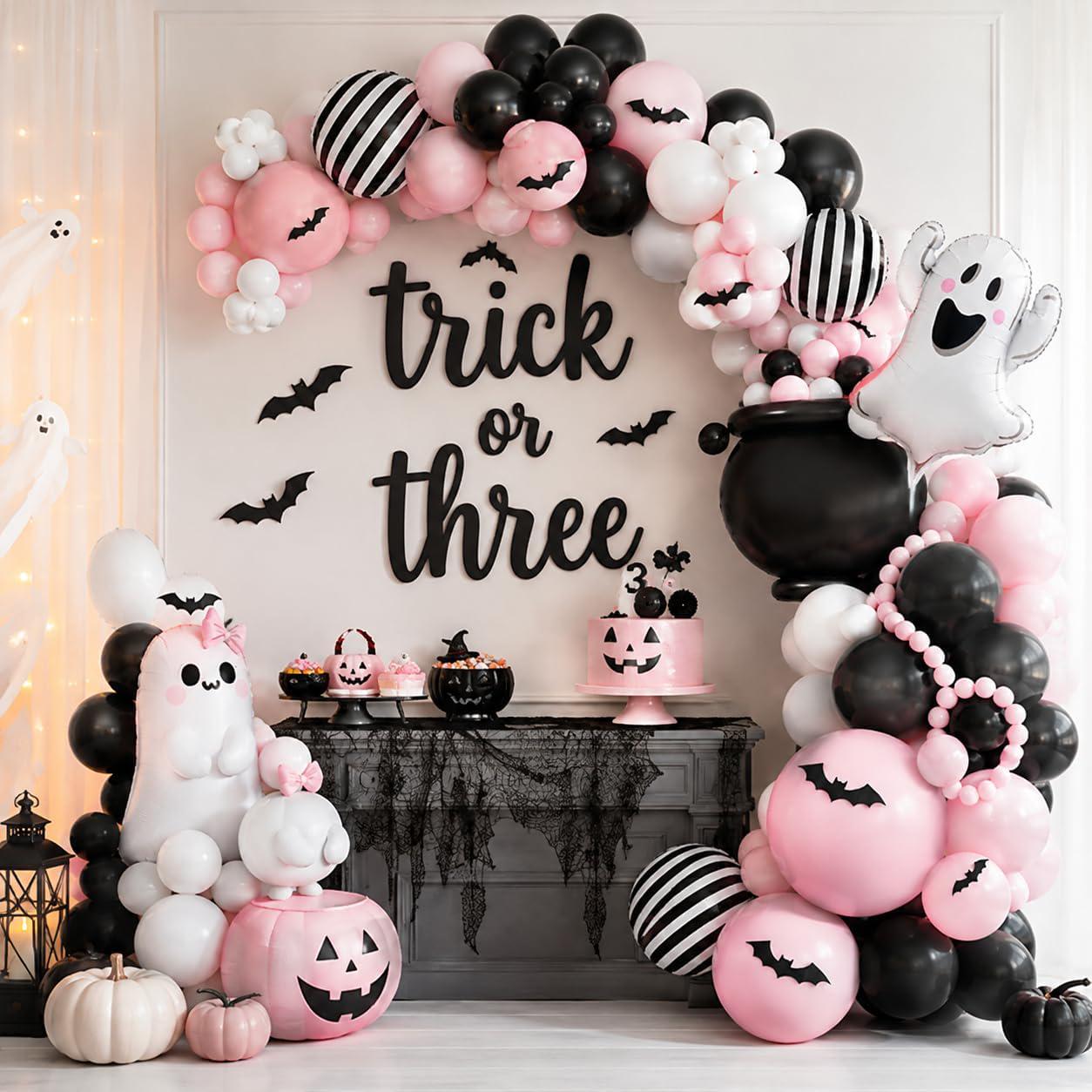 Spooky One Little Boo Baby Shower Balloon Arch Kit, Pink Black Halloween Party Decor