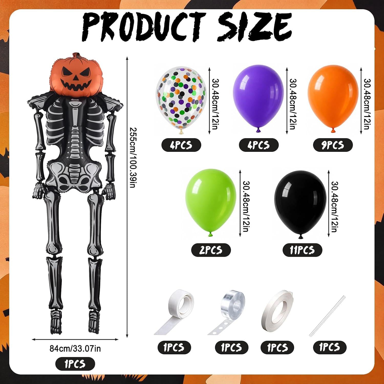 Halloween Balloon Arch Kit, Giant Pumpkin Skeleton Foil Balloon, 30-Piece Party Decor