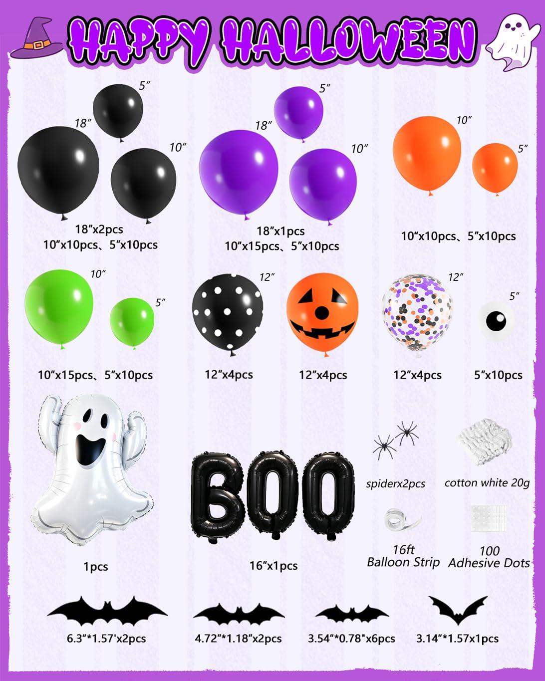 Halloween Balloon Arch Kit, Black Orange Purple Green, Ghost BOO Foil Decor
