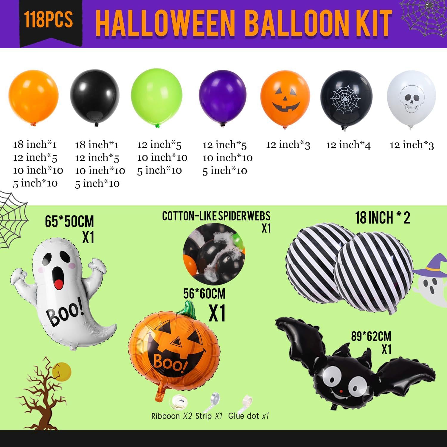 Halloween Balloon Arch Kit, Orange Black Green Purple, Foil Pumpkins, Bats, Ghosts (Step-by-Step Guide)