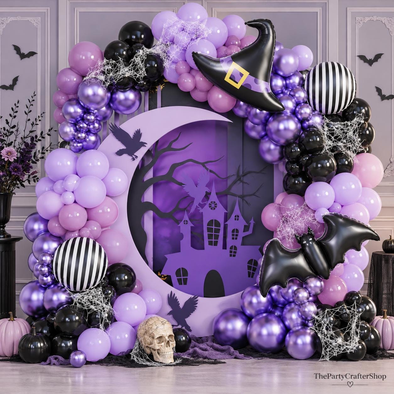 154pc Halloween Balloon Arch Kit, Metallic Purple Black Gothic Party Decor