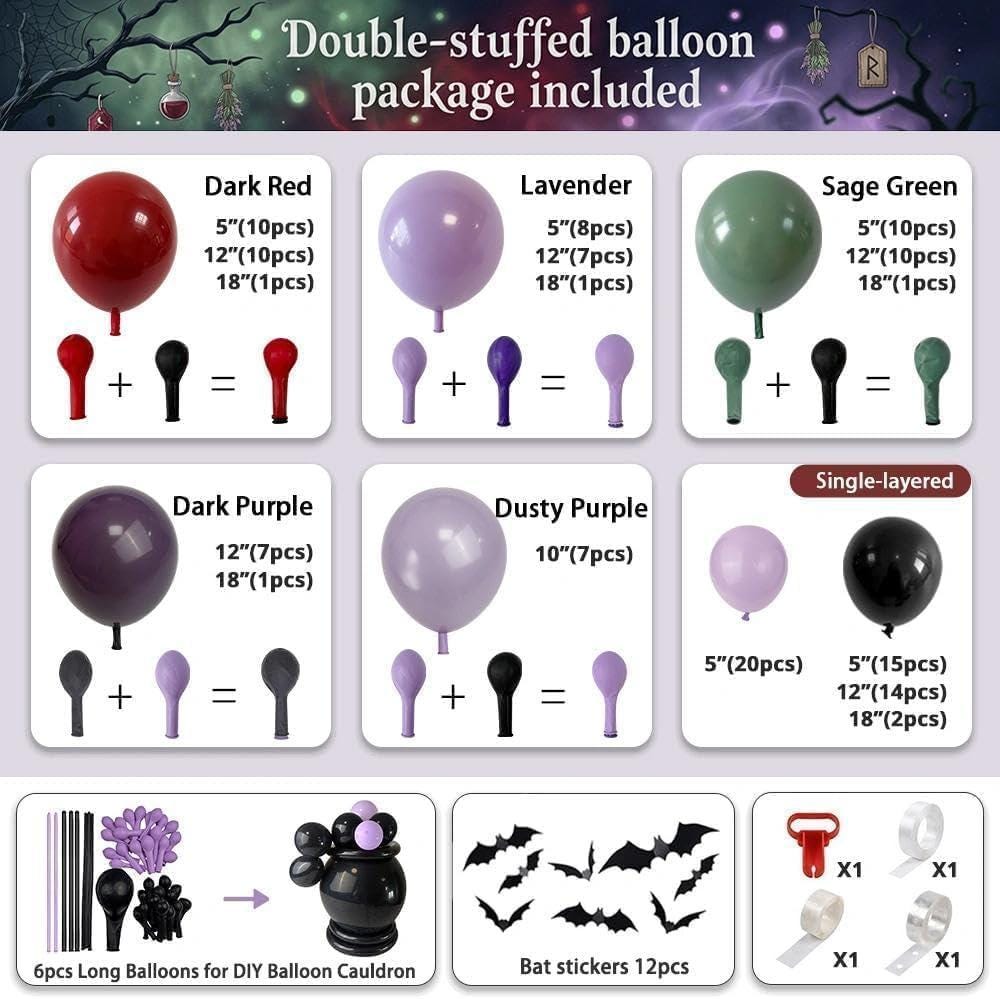 Gothic Halloween Balloon Arch Kit, Double Stuffed Lavender Red Black Balloons, Bat Stickers