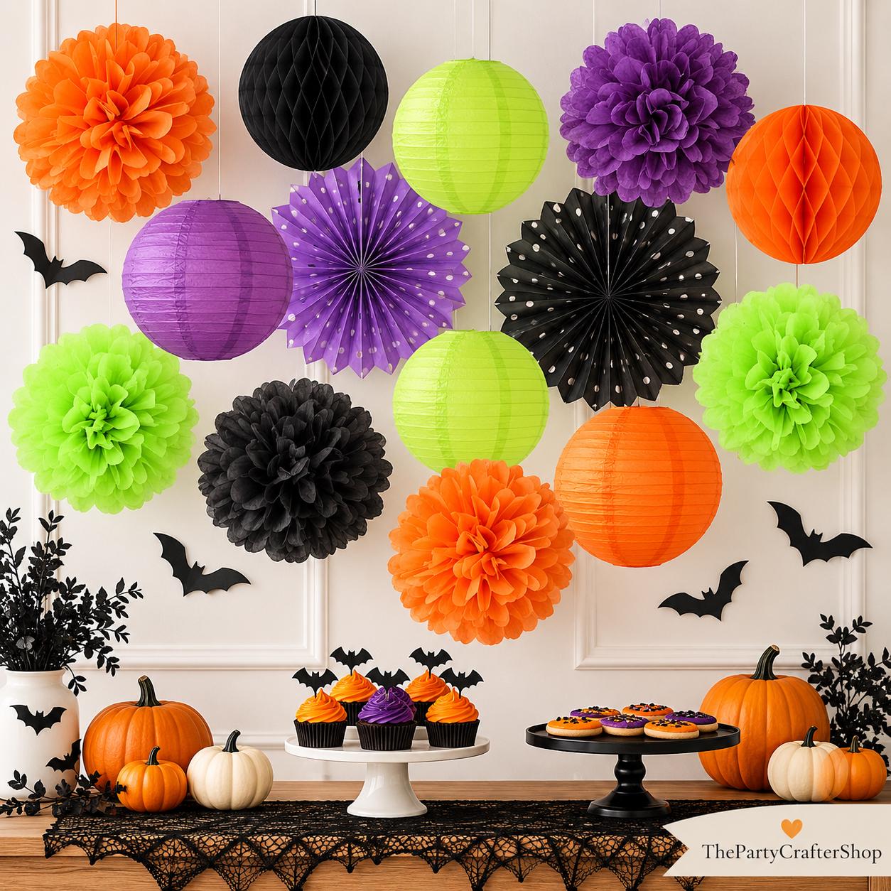 14pc Black Orange Purple Green Halloween Party Decorations Kit Lanterns Fans Honeycomb Balls}}