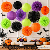 14pc Black Orange Purple Green Halloween Party Decorations Kit Lanterns Fans Honeycomb Balls}}