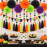 30pc Halloween Party Decorations, Tissue Pom Poms, Tassel Garland, Banner (Black, Purple, Orange, Green)