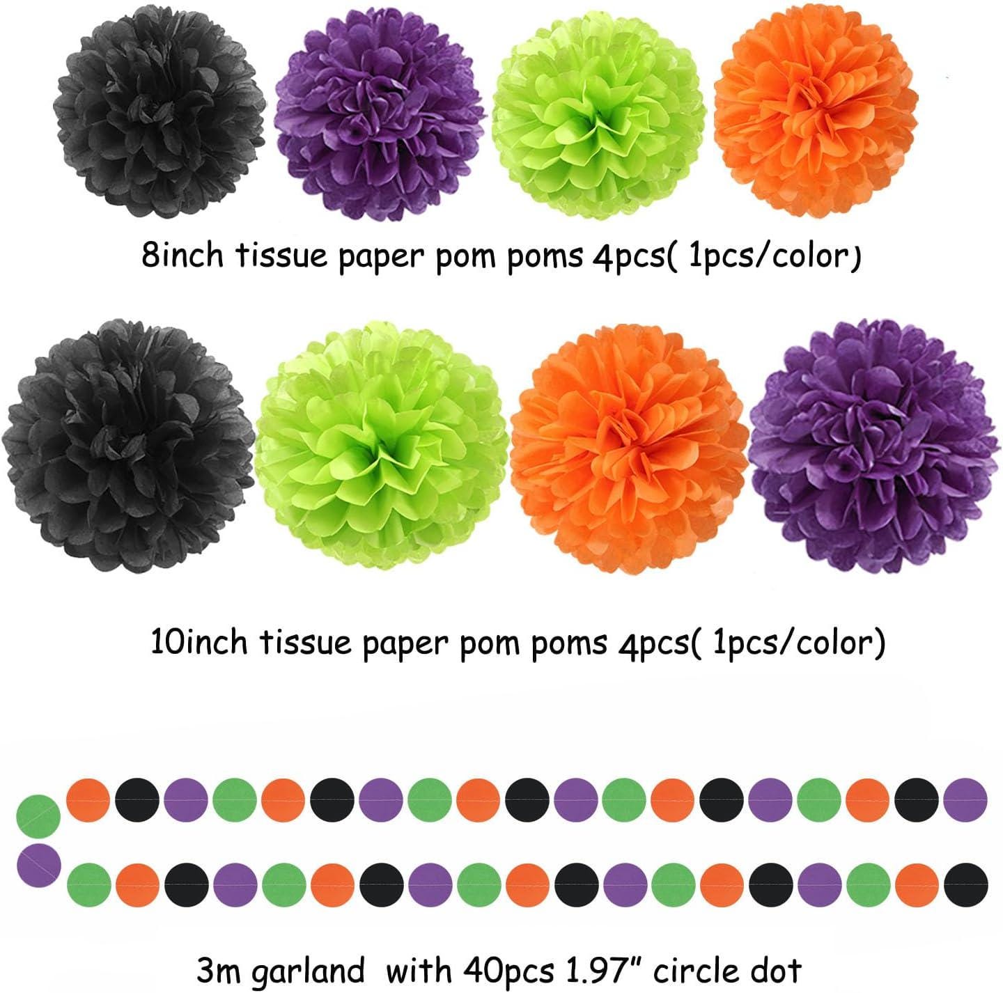 30pc Halloween Party Decorations, Tissue Pom Poms, Tassel Garland, Banner (Black, Purple, Orange, Green)